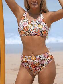 SHEIN Swim SPRTY Women's Tropical Print Criss-Cross Back 2 Pieces Swimwear Set, Suitable For Swimming, Surfing, Beach, Summer - Multicolor - View 4