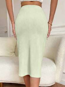 Glamine Women's Solid Color Ribbed High Slit Skirt - Mint Green - View 2
