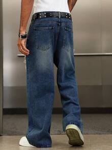 Manfinity EMRG Men's Street Fashion Distressed Patchwork Vintage Washed Wide Leg Jeans - Dark Wash - View 2