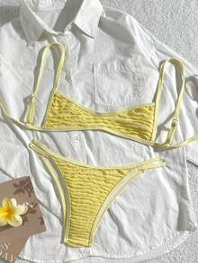 Swim Mod 夏季女士两件套沙滩装，纹理面料吊带露脐吊带上衣，后背交叉设计，搭配高腰比基尼泳裤，女童泳装 - 黃色 - 查看 1