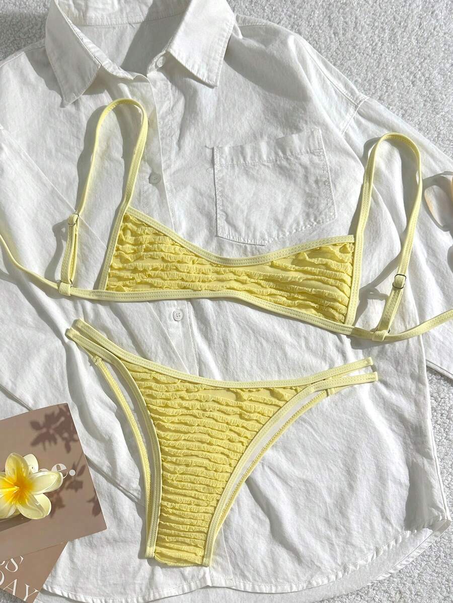Swim Mod 夏季女士两件套沙滩装,纹理面料吊带露脐吊带上衣,后背交叉设计,搭配高腰比基尼泳裤,女童泳装 - 黃色 - 查看 1