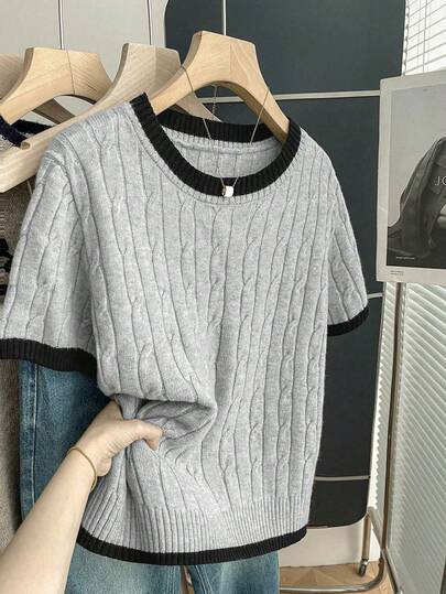 Franclia New Casual Loose Korean Style Round Neck Cable Knit Contrast Color Pullover Sweater For Women, Spring/Autumn
