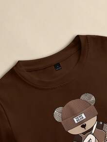 Resyla 女士卡通熊圆领短袖T恤和抽绳腰条纹裤套装 - 棕色 - 查看 4