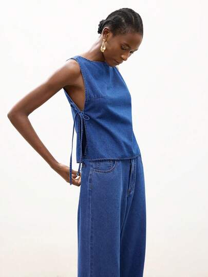 Maija Women's Casual Sleeveless Denim Top With Side Slit, Summer