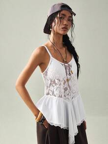 Pariaura 女士蕾丝拼接荷叶边下摆休闲百搭约会之夜吊带背心 白色蕾丝背心 白色细肩带上衣 白色吊带衫 白色娃娃衫 白色波西米亚风上衣 白色蕾丝上衣 白色吊带衫 蕾丝吊带衫 女士白色上衣 女士夏季上衣 女士夏季服装 女士上衣 蕾丝吊带衫 女士蕾丝上衣 女士夏季服装 女士沙滩装 保守款上衣 - 白色 - 查看 5