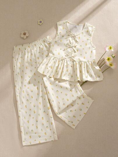 Souflis Souflis 2件套女童可爱碎花无袖开衫上衣搭配松紧腰宽松裤，舒适柔软，适合春夏休闲穿着及作为礼物，4-7岁