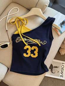 Resyla Áo tank top nữ kiểu dáng thường ngày, in số phối màu tương phản, cổ lệch. - Nhiều màu - Xem 3