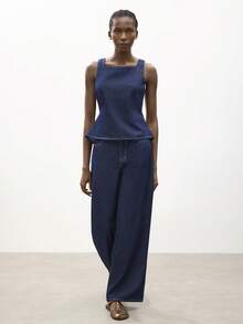 Maija Women's Casual Backless Tie Denim Vest And Pants Set, Summer - Dark Wash - View 2