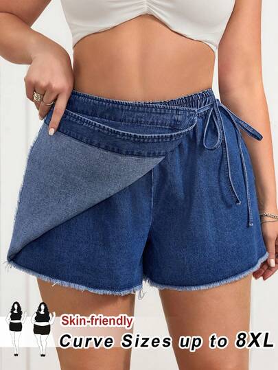 SHEIN CURVE+ Plus Size Solid Color Knotted Wrap Frayed Hem Fashion Denim Skirt Pants Spring To Summer Valentine's Day Carnival Costume Commuting Vacation Graduation Chic Y2k Cute Streetwear Party Wedding Elegant Business Casual Woman Fashionable Women's Denim Shorts Skirt Hybrid Design With Frayed Hem Drawstring Waist And Overlap Look