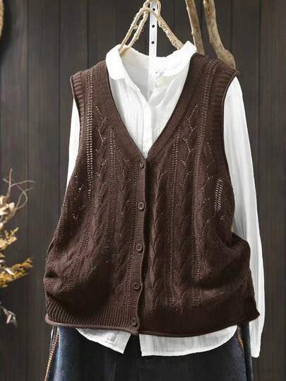 EMERY ROSE 2026 Plus Size Women's Fashionable Casual Minimalist Versatile Small V-Neck Lace-Up Button Coffee Brown Sweater Vest Cardigan Suitable For Everyday Wear