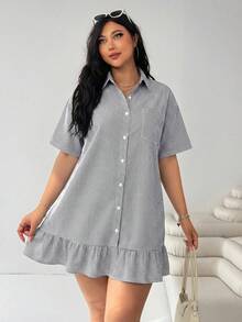 Solflare Vestido casual holgado de manga corta con volantes en el bajo y empalmado, a rayas azul marino y blanco, adecuado para ir al trabajo, volver al colegio, uso diario casual, citas, salidas - Blanco y Negro - Ver 3