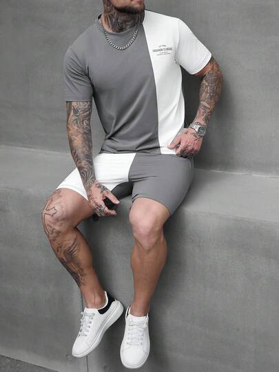 SLATEMANN 男士两件套T恤短裤套装，灰色拼接白色，休闲装，撞色字母印花，修身版型