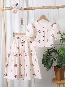 两件套：印花泡泡袖衬衫和不对称纽扣半身裙，舒适百搭，适合度假或日常穿着，春夏皆宜。 - 杏色 - 查看 3