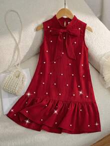 SHEIN Serisse Kids Girls Textured Fabric Beaded Bow Decor Mandarin Collar Sleeveless A-Line Dress, Tween Girl - Burgundy - View 2