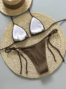Swim Vcay Women's Swimwear Set, Wave Print Halter Neck Tie-Up Rope, Summer Holiday Beach 2 Pieces - Brown - View 2