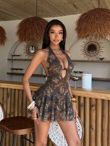 EgrlEra 女士性感扎染印花露背吊带迷你连衣裙，夏季 - 彩色 - 查看 3