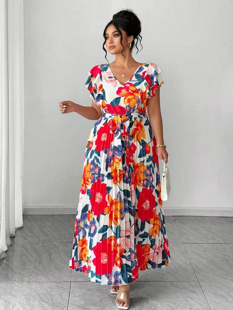 SHEIN Elenzya 大码优雅印花褶皱连衣裙，夏季 - 粉色 - 查看 1