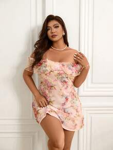 Femmeverse 新款优雅浪漫荷叶边露肩修身A字3D立体花卉雪纺迷你连衣裙 - 彩色 - 查看 5