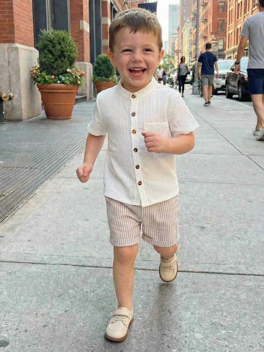 Souflis Souflis 2 peças/Conjunto Menino Jovem 4-7 Anos Estilo Francês Camisa de Colarinho Listrado Texturizado Branco Combinada com Shorts Listrados Tecidos, Conjunto Confortável e na Moda