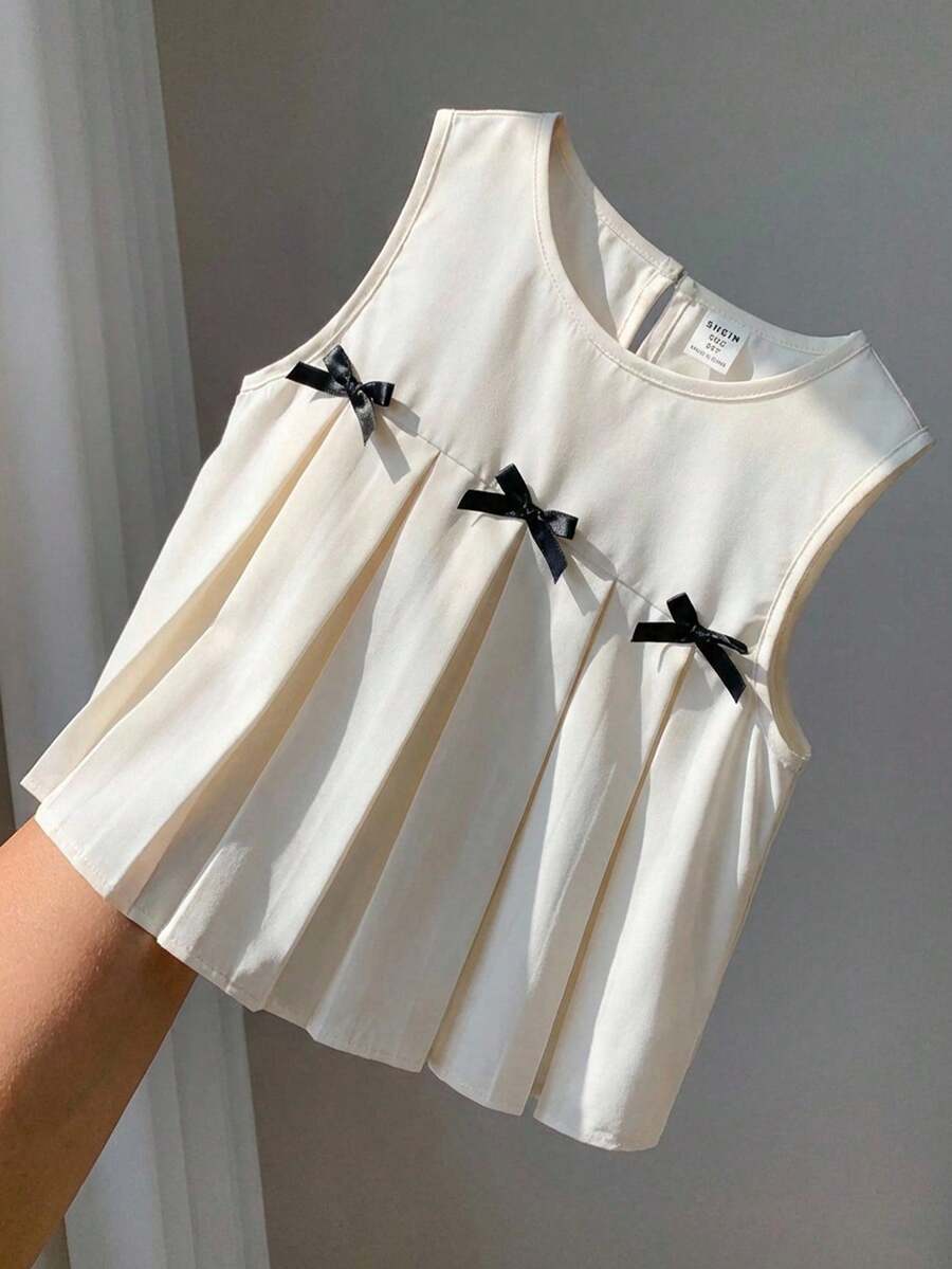 SHEIN Tween女孩編織純色圓領無袖休閒上衣蝴蝶結洋裝 白色上衣附蝴蝶結 Tween女孩百褶青少年襯衫可愛 8-12歲 - 白色 - 查看 1