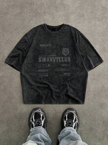 SWAVVY 男士休闲短袖宽松T恤，黑色雪花印花，夏季 - 黑色 - 查看 1