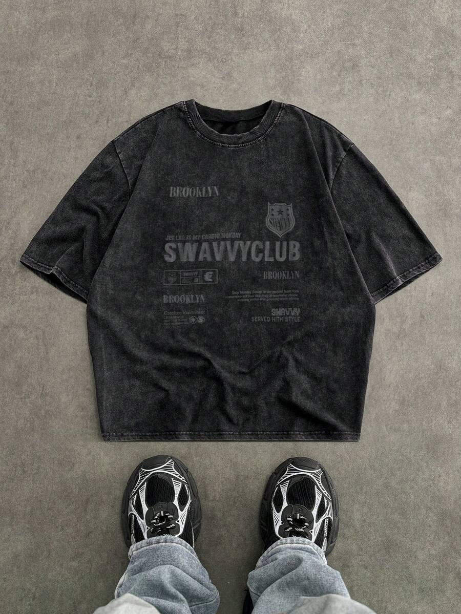 SWAVVY 男士休闲短袖宽松T恤，黑色雪花印花，夏季 - 黑色 - 查看 1