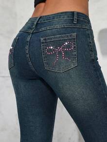 SHEIN ICON Women's Casual Washed Bowknot Rhinestone Embellished Low Waist Flare Jeans - Dark Wash - View 6