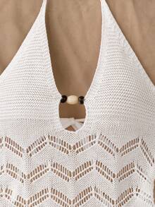 Franclia New Summer Beach Vacation Chic Sexy Lady Design Hollow Spaghetti Strap Beaded Dress, Deep V-Neck, Party Style, Elegant Bohemian Minimalist High-End Elegant Sexy Slim Fit Women Knit Dress - White - View 6