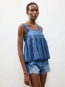 Maija 女士休闲系带露背无袖牛仔衬衫，夏季 - 中等水洗藍 - 查看 6