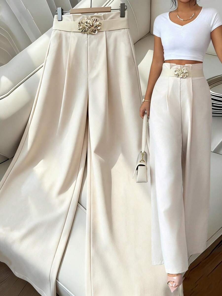 SHEIN Elenzya 女士花卉腰部设计弹力腰阔腿裤，优雅迷人，适合度假、日常、法式休闲、通勤、商务、浪漫约会、早春/春夏穿着，杏色 - 米色 - 查看 1