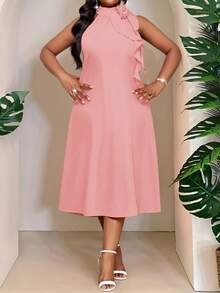 SHEIN Lady Plus Size Women's 3D Flower Ruffle Neckline Pink Midi Dress, Elegant, Loose, Boho, Spring/Summer - Dusty Pink - View 4