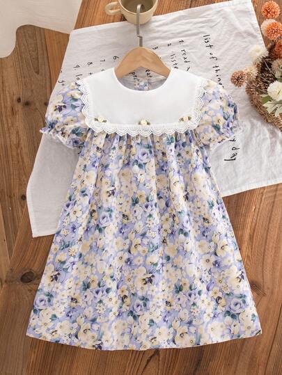 SHEIN 1件女童夏季新款海军蓝领荷叶边装饰前片3D立体花朵泡泡短袖宽松印花休闲可爱连衣裙
