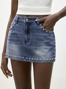 Maija Chân váy ngắn denim nữ, phong cách thành thị thanh lịch, công sở thường ngày, kiểu Y2K, phù hợp cho Halloween, Giáng sinh, tiệc tùng, lễ hội âm nhạc. - Màu xanh lam - Xem 5