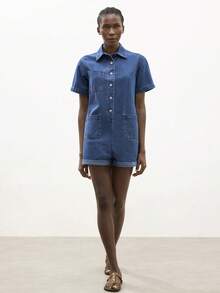 Maija Women's Summer Casual Front Button Denim Romper - Light Wash - View 1