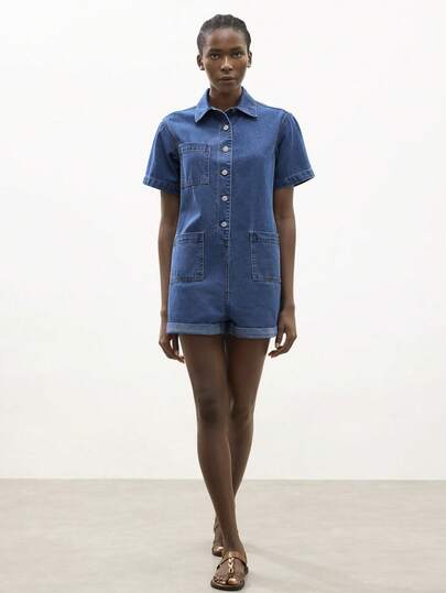 Maija Women's Summer Casual Front Button Denim Romper