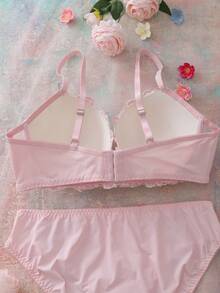 Elorette 2pcs Set Bra Balconette Nyaman dengan Kawat Penyangga dan Bantalan, Motif Bunga Bordir, 3/4 Cup, Lucu, Segar, Romantis, Punggung Terbuka, Dekorasi Pita, Set Pakaian Dalam Ukuran Besar - Berwarna merah muda - View 8