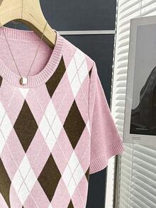 Franclia New Arrival Spring/Summer Retro College Style Colorblock Plaid Knit Pullover Sweater For Women - Pink - View 6