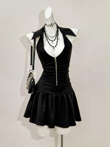 Jeanoix Gaun Mini Wanita Warna Polos Model Halter Neck dengan Resleting dan Lipit untuk Kencan dan Pesta - Hitam - View 1