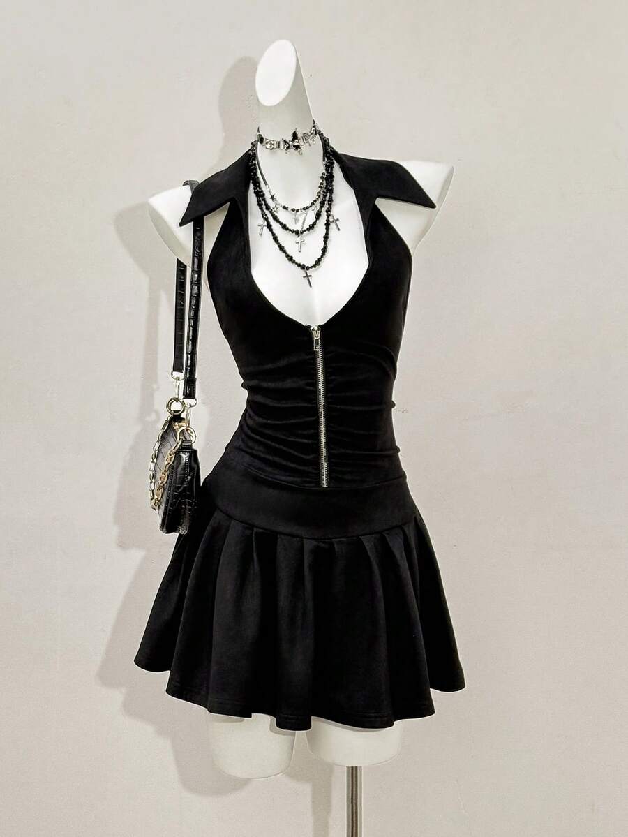 Jeanoix Gaun Mini Wanita Warna Polos Model Halter Neck dengan Resleting dan Lipit untuk Kencan dan Pesta - Hitam - View 1