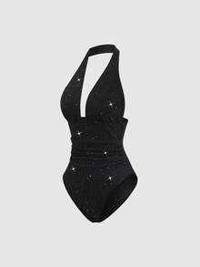 Sweetra Women's Fashionable Bodysuit, Sexy Rhinestone Shiny Deep V Backless Slim Fit Black Bodysuit, Spring/Summer - Black - View 3