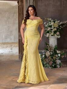 Glamrae Đầm dạ hội dáng đuôi cá màu vàng nhạt thanh lịch, lãng mạn, lệch vai, một tay áo, xếp ly, xẻ cao, chất liệu ren, thích hợp cho tiệc tối, tiệc độc thân, hẹn hò, dạ hội, kỳ nghỉ, đám cưới, phù dâu. - Màu vàng - Xem 6