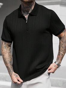 Manfinity CasualCool 男士短袖纹理面料 Polo 衫，适合外出、聚会和办公穿着 - 黑色 - 查看 4