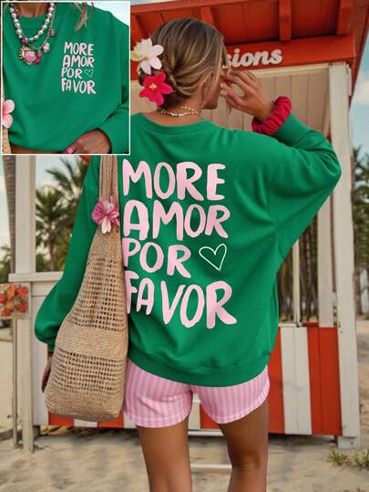 DrmWander Women's Casual Slogan & Heart Print Drop Shoulder Long Sleeve Sweatshirt, Suitable For Vacation