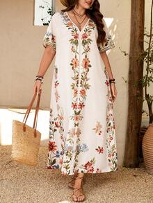 Breezaya Damen Große Größen lässiges, weites Maxi-Kleid mit Platzierungsdruck für den Urlaub, Kurzarm - Aprikosenfarben - Übersicht 1
