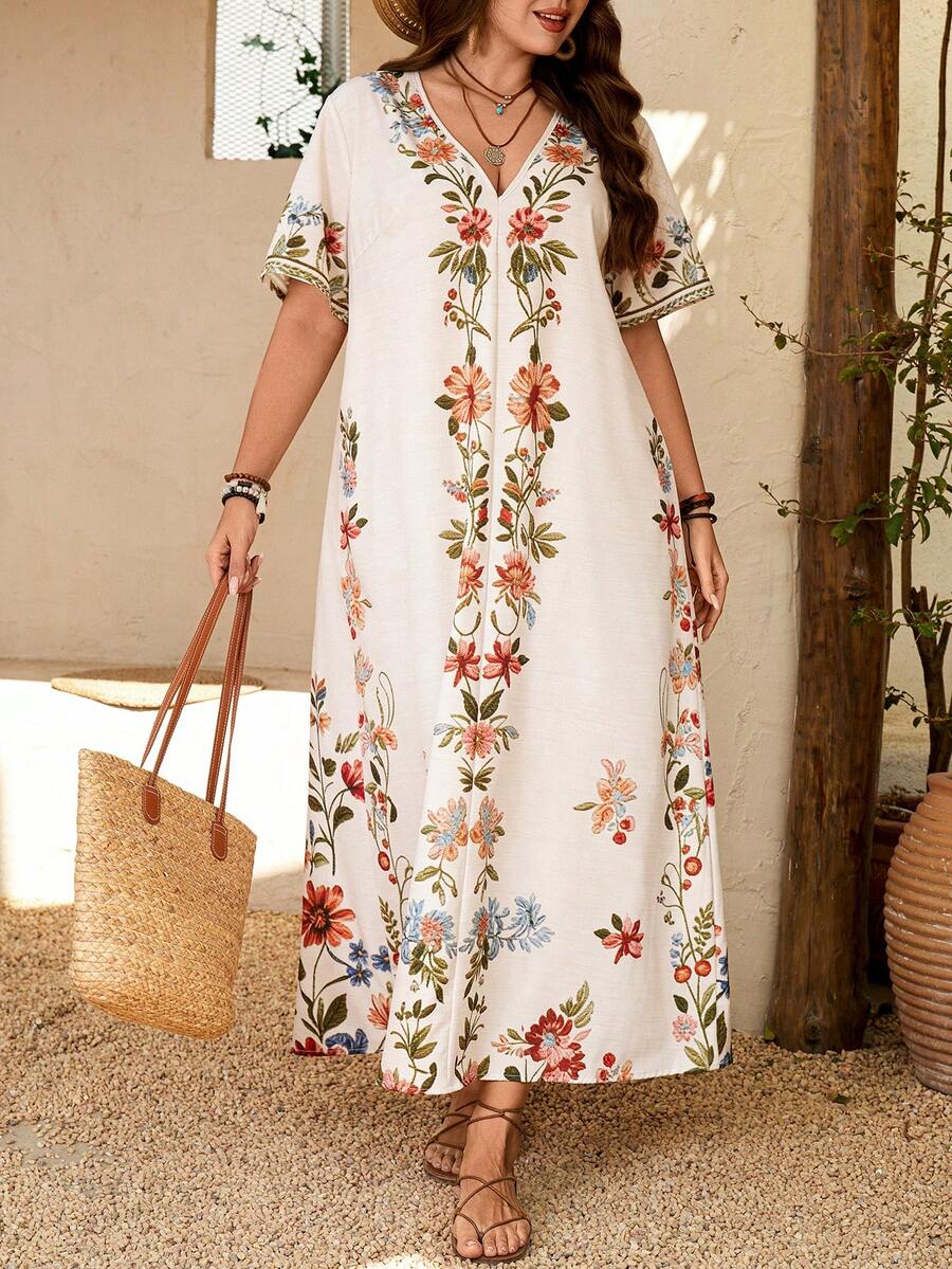 Breezaya Damen Große Größen lässiges, weites Maxi-Kleid mit Platzierungsdruck für den Urlaub, Kurzarm - Aprikosenfarben - Übersicht 1