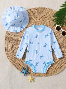 SHEIN 女婴可爱蝴蝶结条纹印花长袖防晒泳衣，前拉链设计，带荷叶边泳帽 - 藍色 - 查看 7