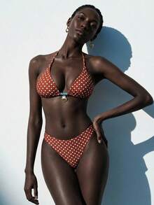 Aveloria Modichic Women's Brown Polka Dot Print Halter Neck Triangle Bikini Set With Metal Pendant, 2 Pieces Swimwear - Brown - View 3