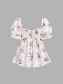 Sweetra Spring/Summer Women's French Ditsy Floral Fabric Beach Vacation Sweetheart Neck Petal Sleeve Ruffled Pink Blouse, Summer - Multicolor - View 2