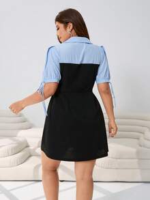 Solflare 春夏新款休闲条纹领花瓣袖拼接黑色针织短裙，腰部喇叭下摆，百搭实用，适合日常、派对、音乐节、返校、度假、通勤、婚礼、街头风、居家、观光等场合，尺码齐全。 - 彩色 - 查看 2