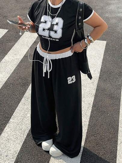 Muchica 大码夏季休闲数字印花T恤和阔腿裤两件套